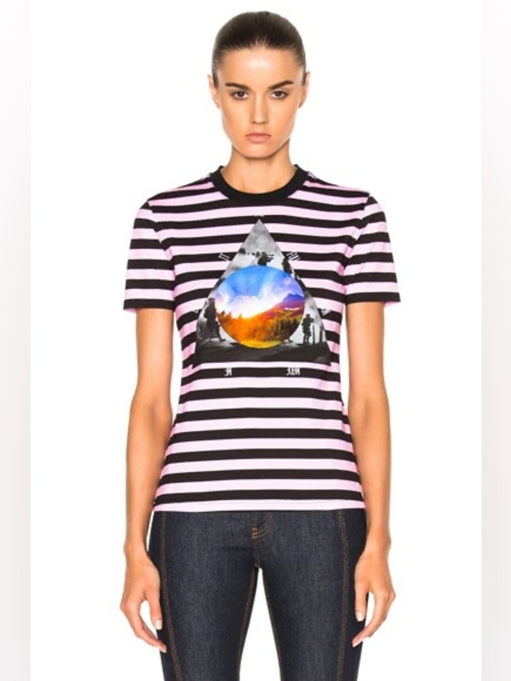 Givenchy Pink and Black Striped Graphic Tee with Scenic Triangle Print